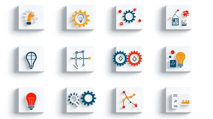 Fototapete - Collection of innovative icons featuring gears and lightbulbs on a white background symbolizing problem solving pathways strategic thinking and technological advancement