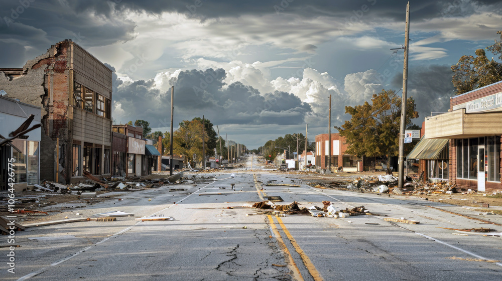 Exploded Town Abandoned Town Street with Severe Storm Damage, Debris, and Destroyed ...