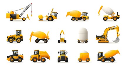 Poster - A set of minimalist icons depicting various construction vehicles and heavy machinery such as cranes bulldozers and concrete mixers on a clean white background  These simple