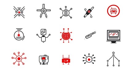 Poster - Assortment of icons including machine learning algorithms neural networks and robotic elements on a clean white background  This depicts the technology and innovation behind intelligence