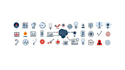 Aufkleber - Graphical representation of intelligence concepts through a collection of digital icons and symbols displayed on a clean white background showcasing the technology innovation