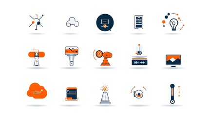 Poster - Detailed showcasing a variety of intelligence icons including robotic arms cloud computing and big data analysis on a clean white background