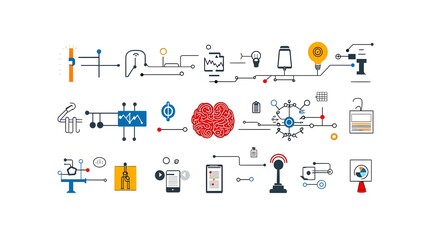 Poster - Collection of digital icons and symbols representing intelligence algorithms data flow and other elements of development and advanced technology on a clean white background