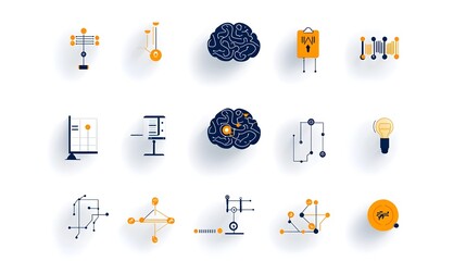 Aufkleber - Collection of development icons including digital brain icons algorithms and data flow on a clean white background  Representing the concepts of intelligence machine learning coding