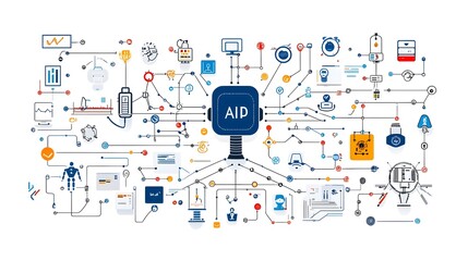 Fototapete - Icons Depicting Symbols of Intelligence Robotics Algorithms and Data Processing on a White Background  Conceptual for Technology Digital and Science Innovations