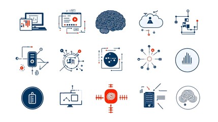 Fototapete - Set of icons representing intelligence with digital brain deep learning algorithms and data clouds on a white background  Graphic design symbols for technology computer science