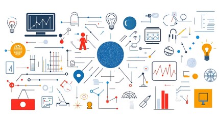 Poster - of technology icons including machine learning algorithms neural networks and big data processing on a white background representing the advancements in intelligence and digital transformation