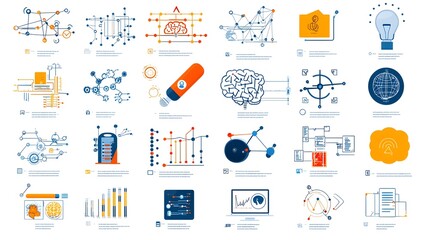 Fototapete - Minimalist icons representing the concepts of intelligence data mining cognitive computing and machine learning on a clean white background  These symbols convey the ideas of technology innovation