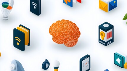 Poster - Illustrated graphic showcasing key concepts such as deep learning digital brain and smart assistant icons against a clean white background representing the future of technology and innovation
