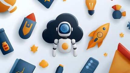 Fototapete - and Machine Learning Symbols with Cloud Computing on a White Background  Digital Intelligence and Automation Concepts