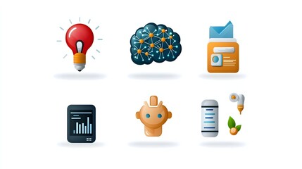 Fototapete - Intelligence and Data Analytics Symbols and Concepts on White Background  Icons representing machine learning neural networks smart assistants and other technology innovations