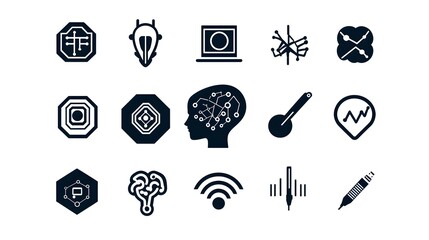 Fototapete - Minimalist featuring a collection of icons with robotic head digital intelligence and algorithm symbols displayed on a clean white background