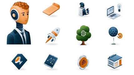 Fototapete - Assortment of icons showcasing robotic heads digital intelligence symbols and algorithm representations on a white background  This depicts the modern concept of intelligence machine learning