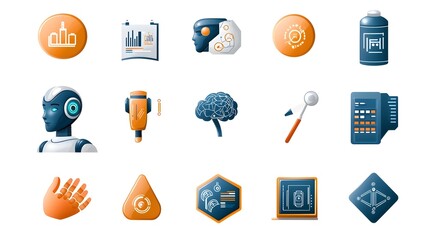 Fototapete - collection of icons with robotic head digital intelligence and algorithm symbols on a white background for modern technology and innovation concepts