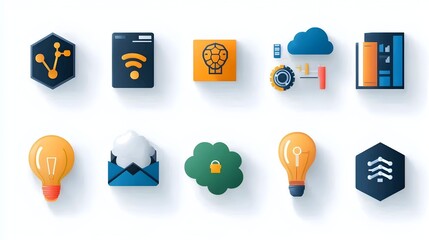 Fototapete - Icon Set Featuring Cognitive Technology Data Flow and Intelligent Machines on a White Background  Abstract Digital Futuristic Design with Modern Intelligence Concepts