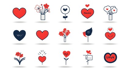 Fototapete - Romantic Icon Set Featuring Hearts Flowers and Love Messages on a Clean White Background  Graphic Design Elements Perfect for Valentine s Day Romance and Themes