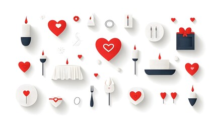 Poster - Romantic icons featuring symbols of candlelit dinners engagement rings and love hearts on a clean white background  Elegant and modern design for wedding anniversary or Valentine s Day concepts