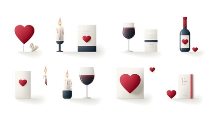 Poster - Elegant icons representing a romantic date with candles hearts and wine glasses on a clean white background  Symbolizing special moments between couples