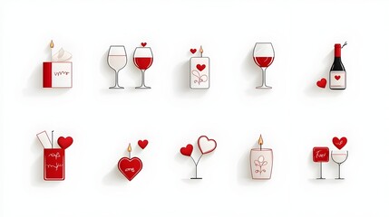 Aufkleber - Elegant icons depicting romantic date night elements like candles hearts and wine glasses on a simple white background  These minimalist symbols represent love intimacy and special