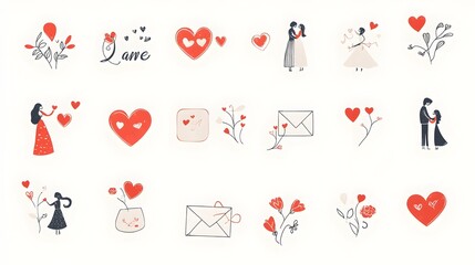 Poster - Collection of romantic silhouette icons featuring a couple in loving embrace surrounded by hearts and love letters on a clean white background  Ideal for wedding engagement anniversary
