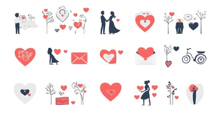 Aufkleber - Romantic icon set with couple silhouettes hearts and love letters on a clean white background  Stylized graphics to represent romance relationships intimacy and affection