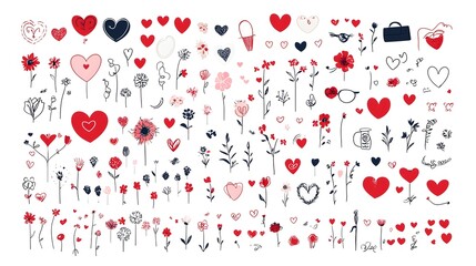 Poster - A set of romantic icons featuring stylized hearts flowers and other symbols of affection on a clean white background  This celebrates the sentiment of love passion and intimate connection