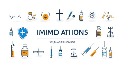 Poster - Set of Icons Representing Vaccination Immunity and Healthcare Concepts on a Clean White Background  Includes Symbols of Shield Medical Vials and Other Related Illustrative Elements
