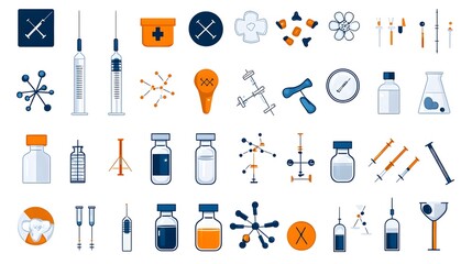 Collection of vaccine science icons featuring syringes vials and immunity symbols on a clean white background