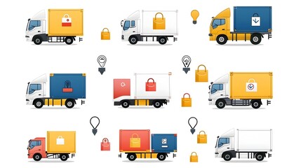 Aufkleber - Delivery Truck Icon Set Featuring Packages Tracking Symbols and Express Shipping on a White Background  Minimalist and Modern Design Elements for Logistics Freight and Ecommerce Services