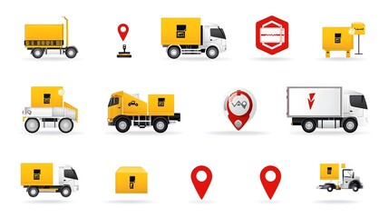 Poster - set of logistics and delivery icons featuring trucks shipping boxes tracking pins and other symbols on a clean white background  Designed to represent transportation supply chain warehousing