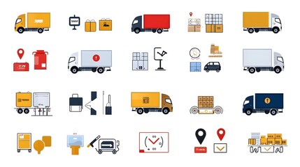 Poster - Collection of icons representing various elements of delivery and shipping services including trucks parcels and tracking symbols all set against a clean white background for versatile use