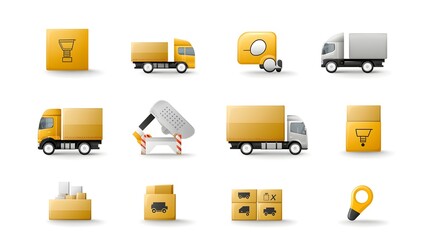 Poster - Collection of icons representing various aspects of a delivery service including trucks packages boxes and fast delivery symbols  This is suitable for use in logistics transportation