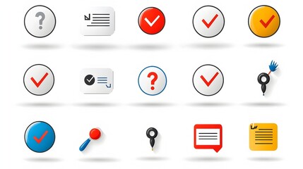 Aufkleber - This depicts a collection of survey icons including checkmarks question marks and various feedback form symbols  The icons are presented on a clean minimalist white background