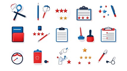 Fototapete - icons collection for survey and feedback processes featuring symbols such as questionnaires rating stars and clipboards on a clean white background