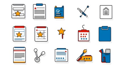 Fototapete - of various icons related to survey feedback and data analysis  Includes symbols such as questionnaires rating stars and clipboards against a clean white background