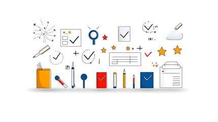 Leinwandbilder - Depicting an Array of Survey Tools and Icons Such as Checkmarks Stars and Response Forms Against a Clean White Background Suitable for Data Analysis Feedback Evaluation and Reporting Purposes