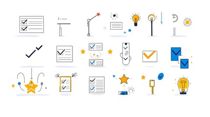 Leinwandbilder - Comprehensive featuring a collection of survey and research tools including checkmarks stars and response form icons all set against a clean white background for a modern minimalist design