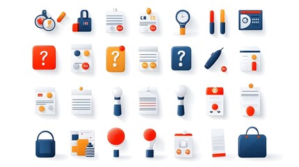 Fototapete - Diverse set of survey and poll icons featuring question forms rating scales and data visualization symbols against a clean white background  This graphic collection can be used for infographic