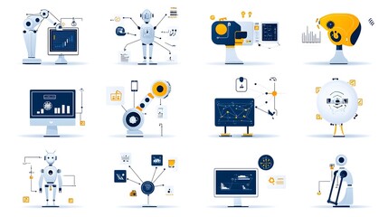 Poster - Collection of icons showcasing robotic automation technology featuring digital workflows AI processing capabilities and automation bots in a on a white background
