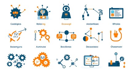 Leinwandbilder - Set of icons representing various elements of Robotic Process Automation RPA including gears flowcharts and other symbols on a white background  Concept of business technology