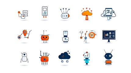 Aufkleber - Automation RPA Robotic Process Automation Icons with Symbols of Bots Cloud Computing and Data Analysis on a White Background  Conceptual for Workflow Optimization Digital Transformation