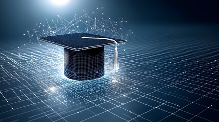 Poster - Digital art rendering of a luminescent graduation cap formed by interconnected dots and lines symbolizing the power of knowledge and education floating over a gridded dark blue background