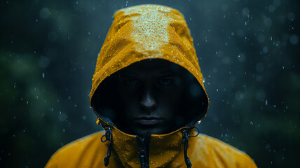 Poster - A man in a yellow raincoat is standing in the rain. The rain is falling on his hood, and he is looking directly at the camera. Concept of solitude and introspection