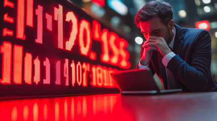 Poster - A man is sitting at a table with a laptop and a large red screen behind him. He is looking at the screen with a worried expression on his face. The red screen displays numbers and symbols