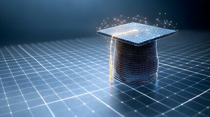 Poster - Digital art depicting a glowing graduation cap formed by interconnected dots and lines floating gracefully over a grid like background