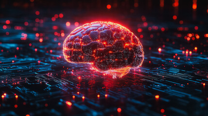 Poster - a brain is shown in a computer monitor with a red glow. the brain is surrounded by a blue background