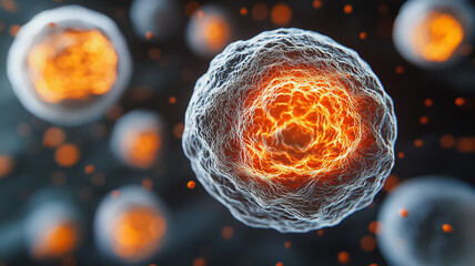 Poster - A close up of a cell with a glowing orange center. The cell is surrounded by other cells, some of which are also glowing orange. Concept of chaos and disorder