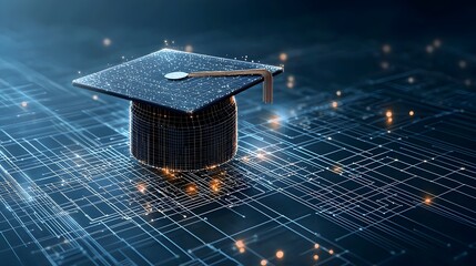Fototapete - Glowing and abstract digital art of a graduation cap made of lines and dots floating over a dark blue network grid pattern representing the concept of education and academic knowledge in a modern