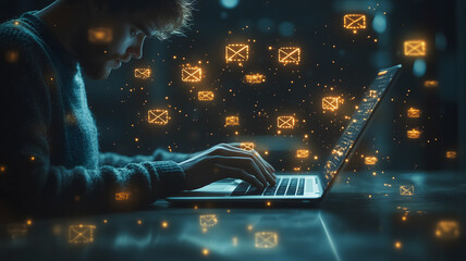 Poster - a man is typing on a laptop with a screen full of emails. concept of a busy workday, with the man li