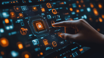 Poster - A hand is pointing at a screen with a glowing lock icon. Concept of security and protection, as the lock symbolizes a barrier or safeguard. The glowing effect adds a futuristic